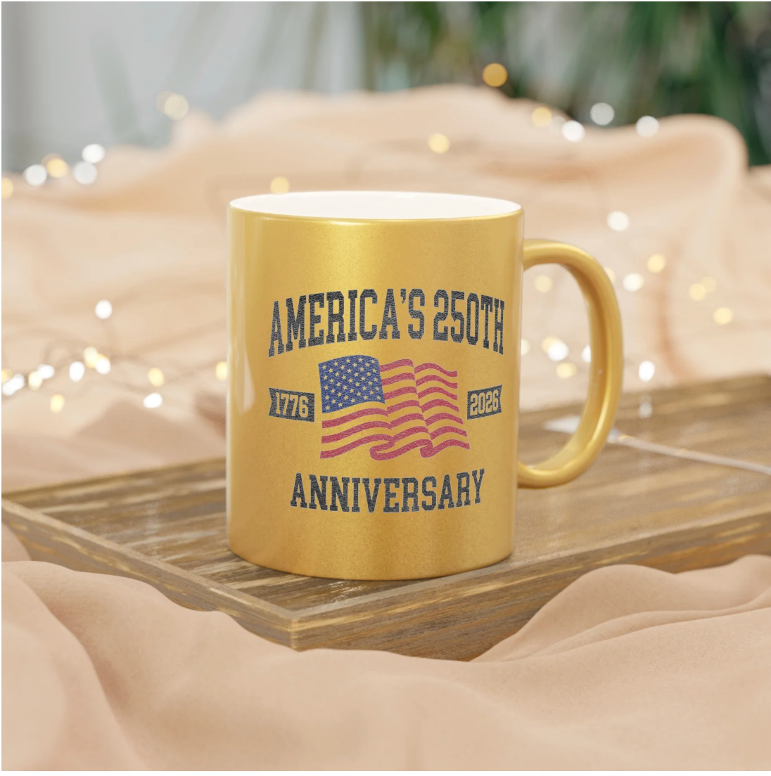 America's 250th Anniversary Metallic Mug — Gold Patriotic Coffee Cup (1776–2026)