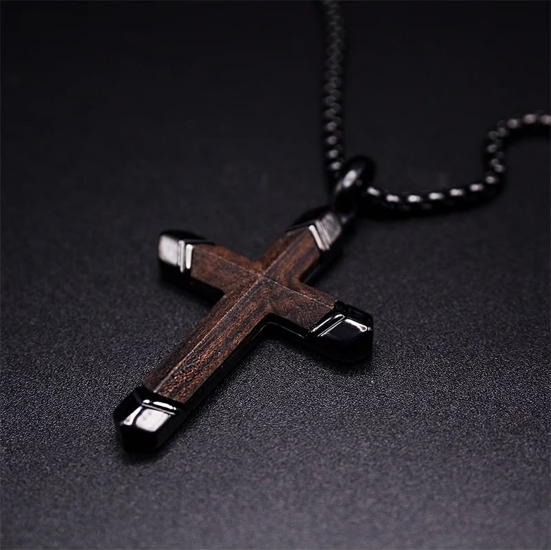 Wood & Black Cross Pendant Necklace