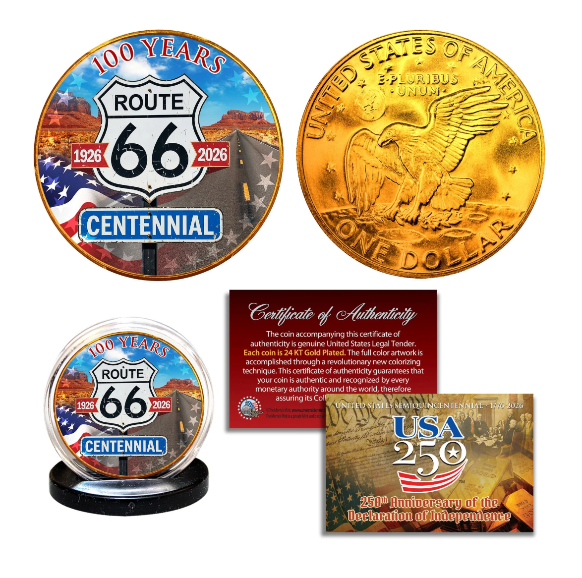Route 66 Centennial (1926 - 2026) 24 KT Gold One Dollar Coin – USA 250th Collector's Edition
