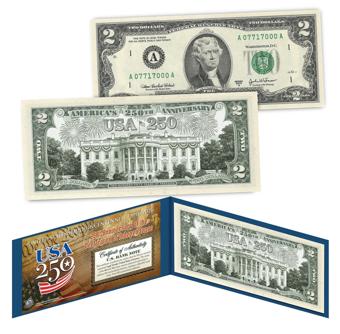 "White House" Legal Tender $2 Bill – USA 250th Collector's Edition