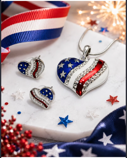 Patriotic American Flag Heart Necklace & Earrings Set