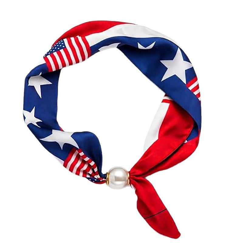 Patriotic American Flag Neck Scarf with Pearl Ring
