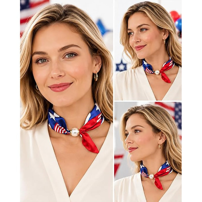 Patriotic American Flag Neck Scarf with Pearl Ring