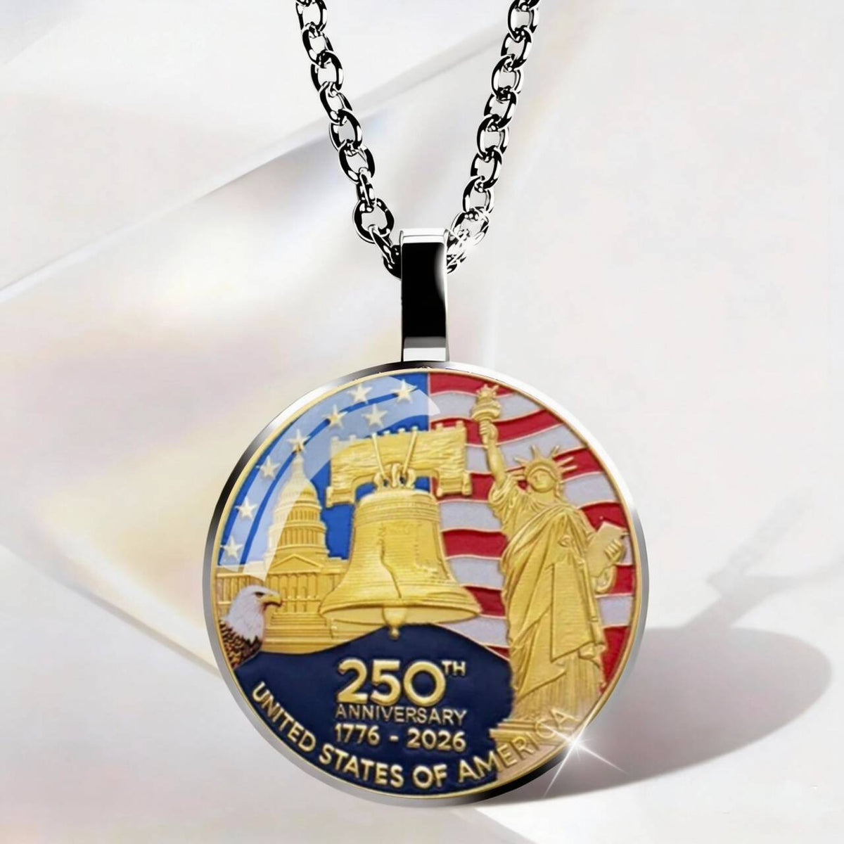 USA 250th Anniversary Liberty Bell & Statue of Liberty Pendant Necklace